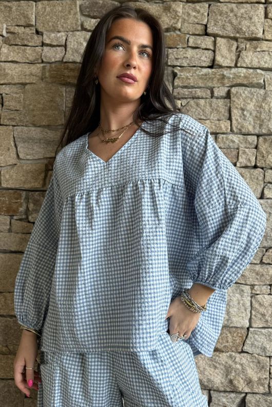 Arbi Gingham Peasant Smock Blouse Denim